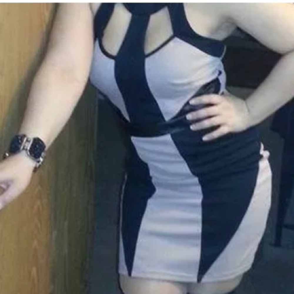 Black Beige Leather Like Bodycon Spandex Dress